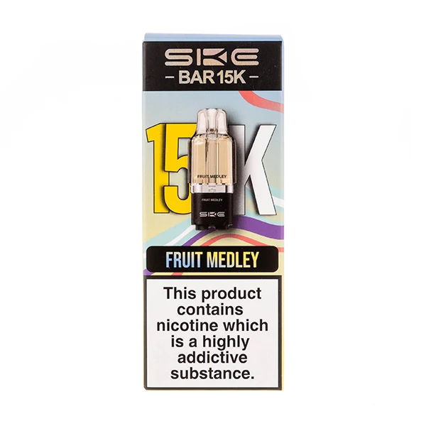 SKE Bar 15K disposable vape, flavor: Fruit Medley, warning label included.