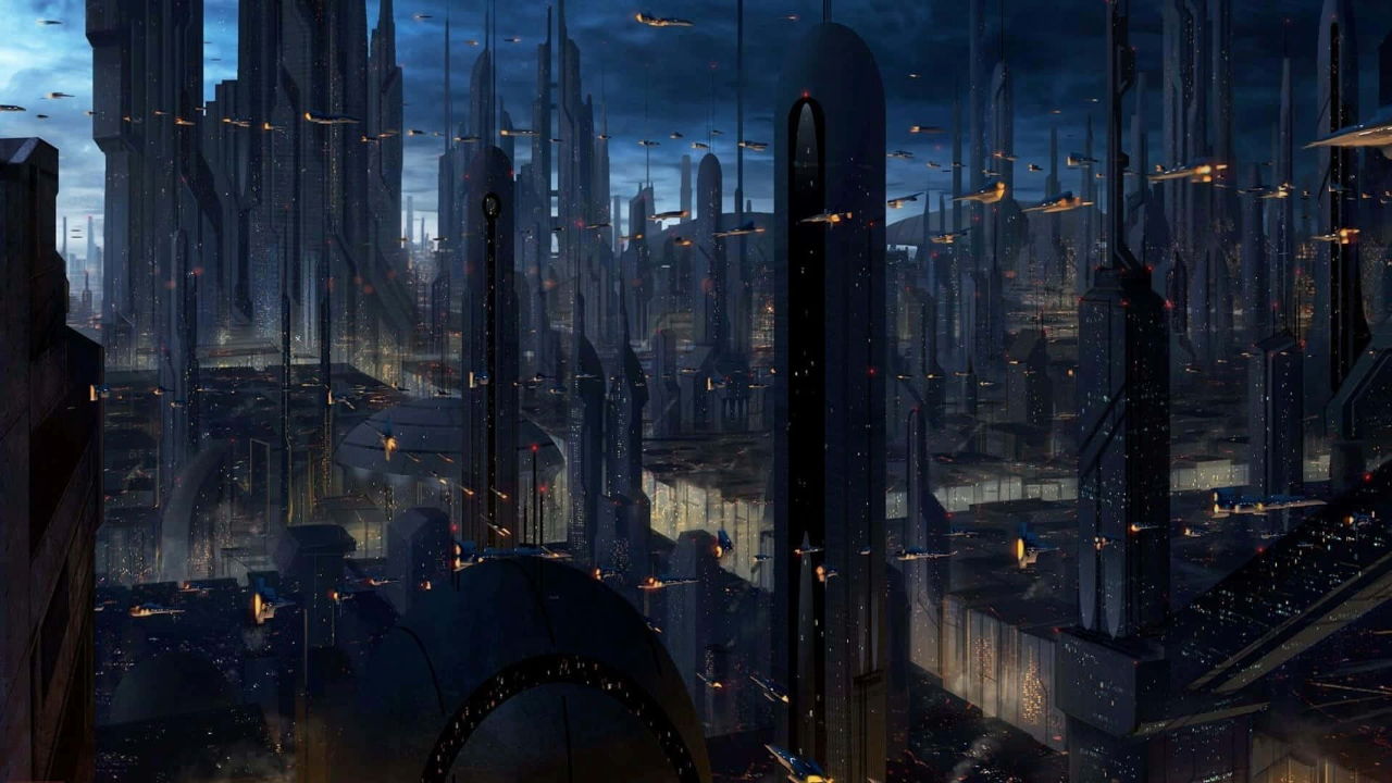 Futuristic cityscape with towering structures against a dark, moody sky.