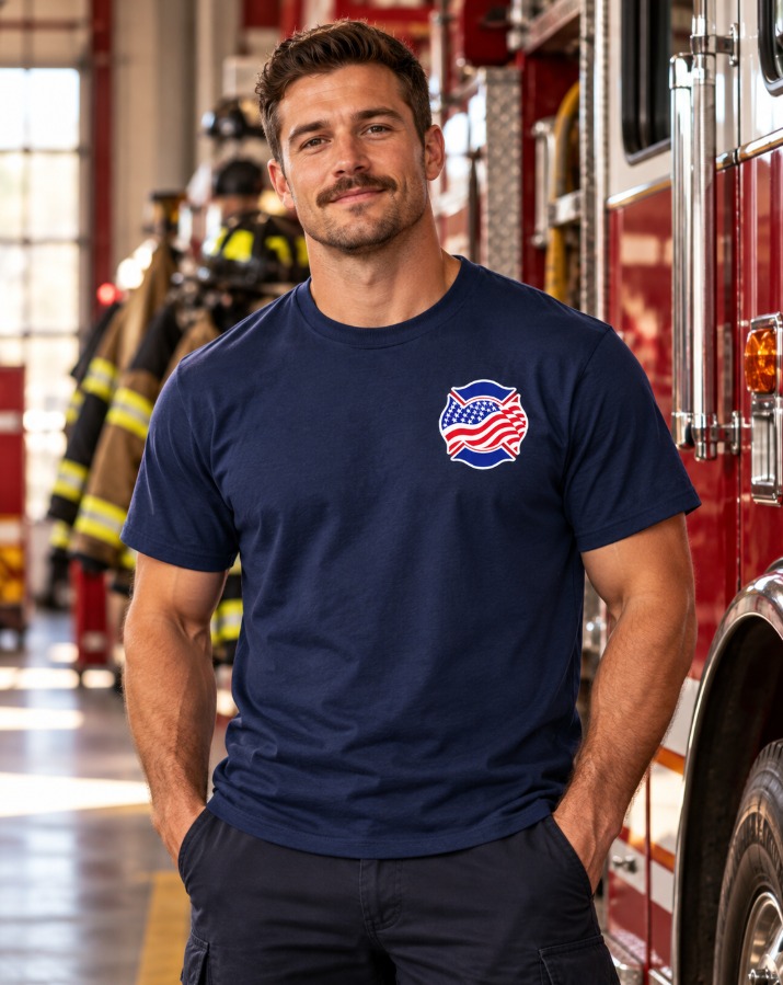 Man in navy shirt stands in front of fire truck and equipment.