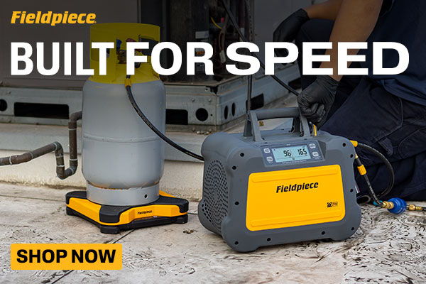 Fieldpiece MR45 refrigerant recovery machine with tank in HVAC service setting, Built for Speed homepage banner.