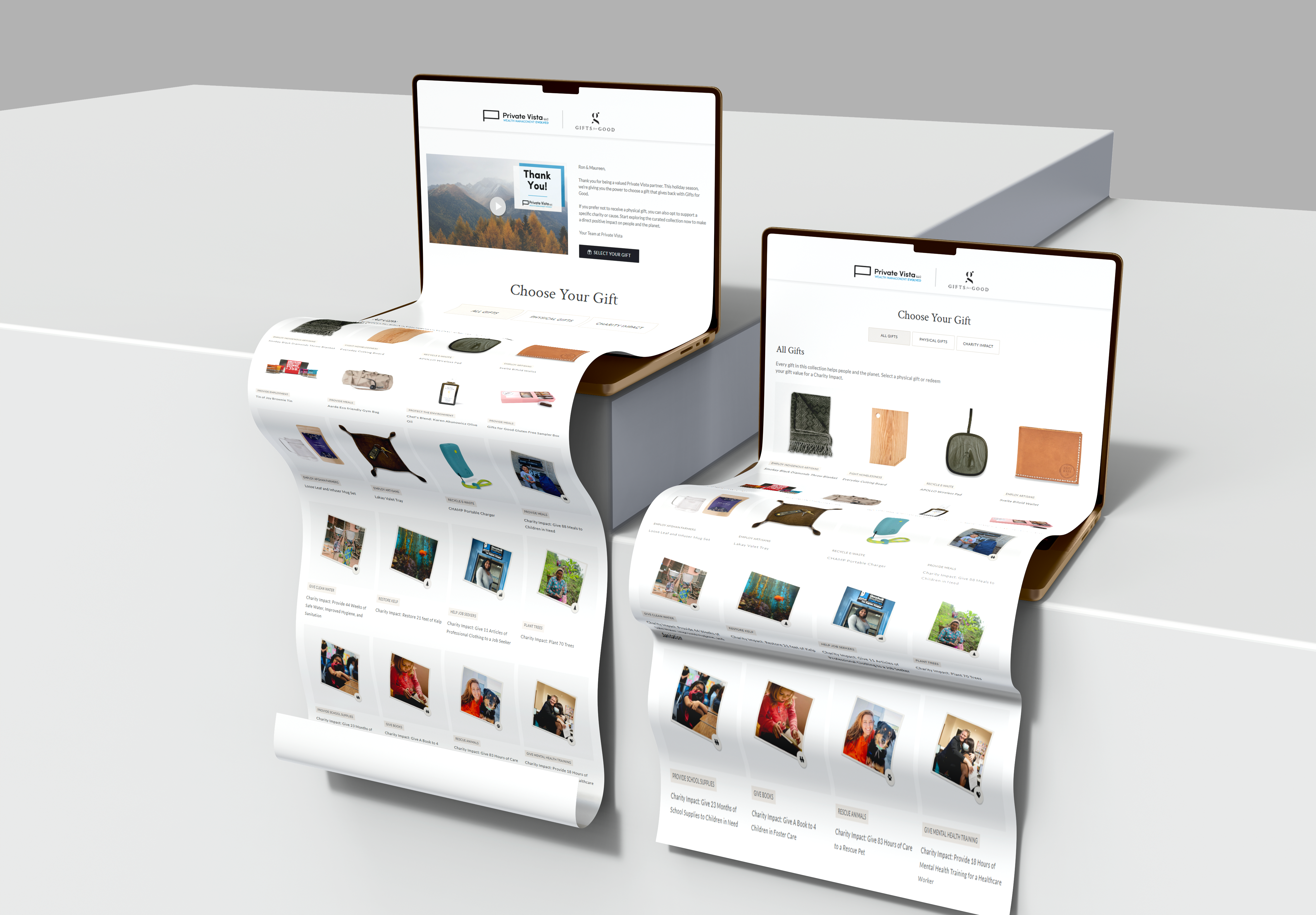 Two digital tablets displaying product listings and images on scrolling screens.