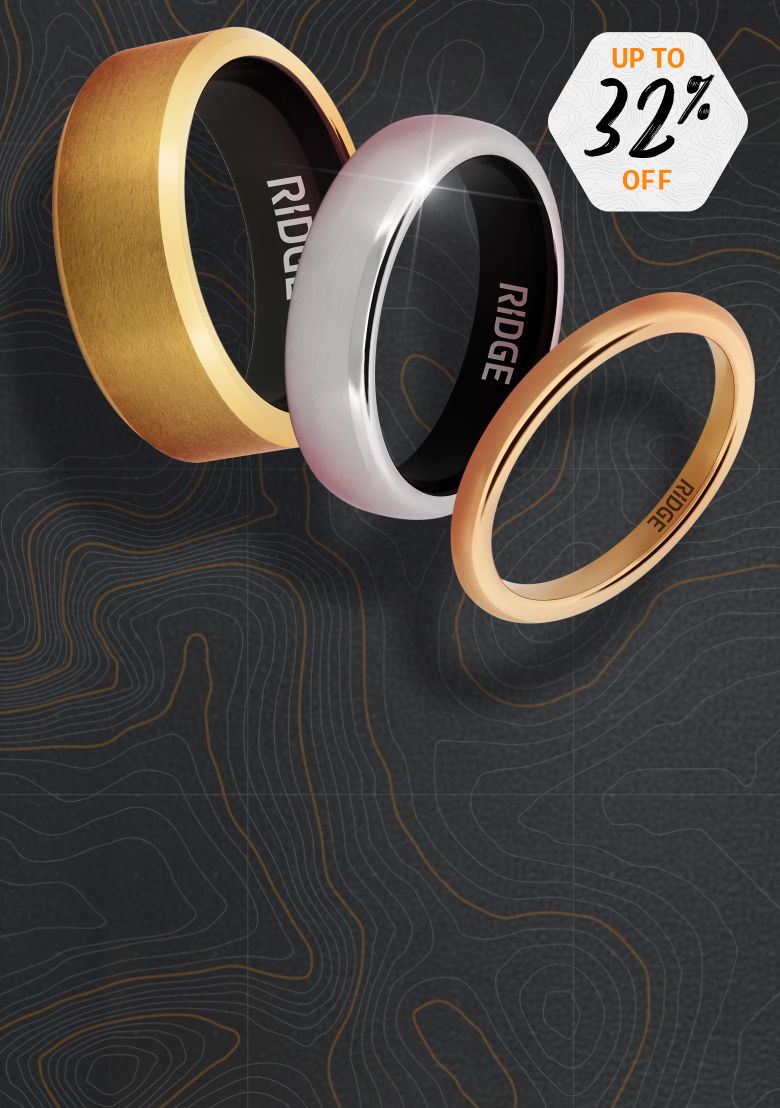 Three rings displayed on a dark background with a discount offer.