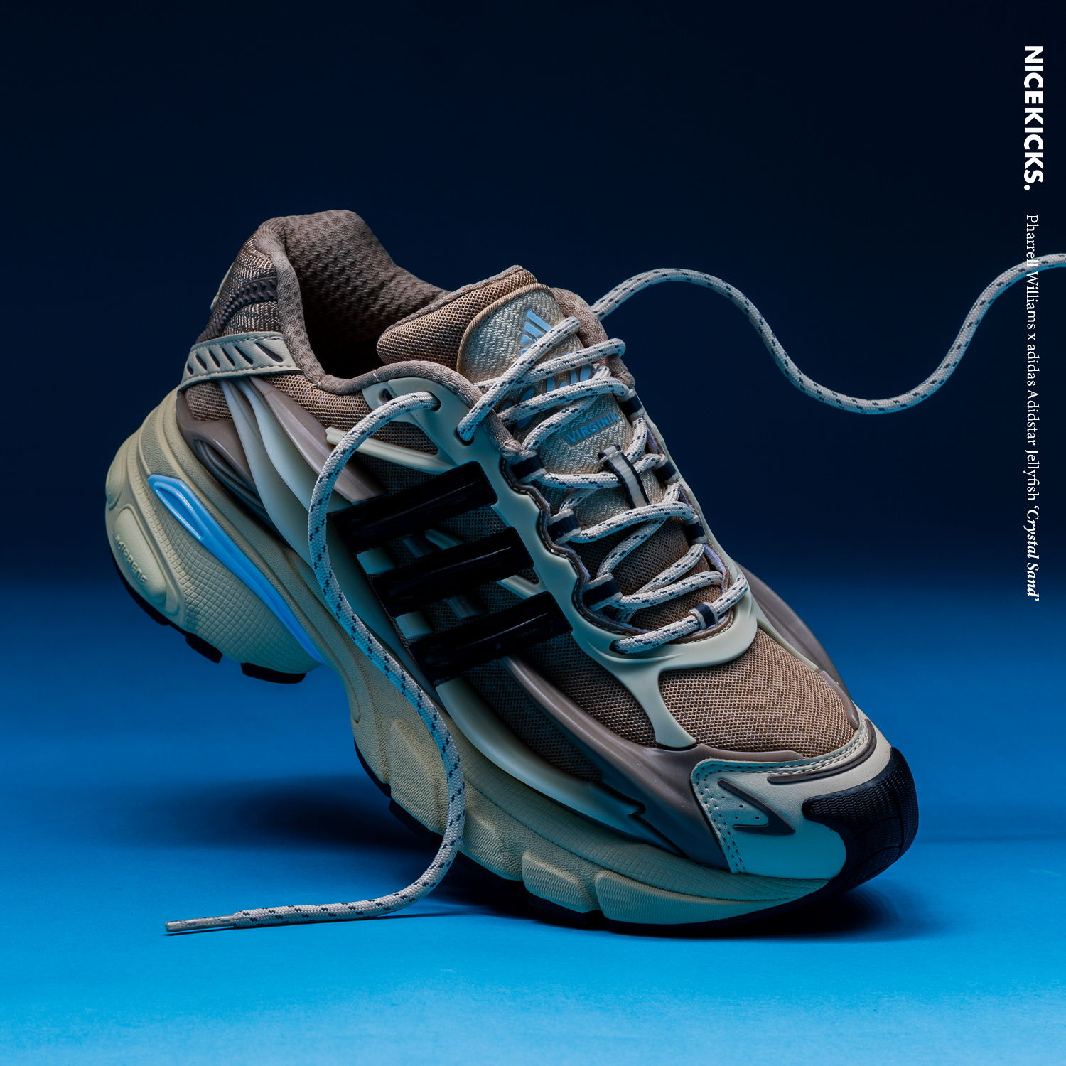 A stylish sneaker with a unique design against a blue background.