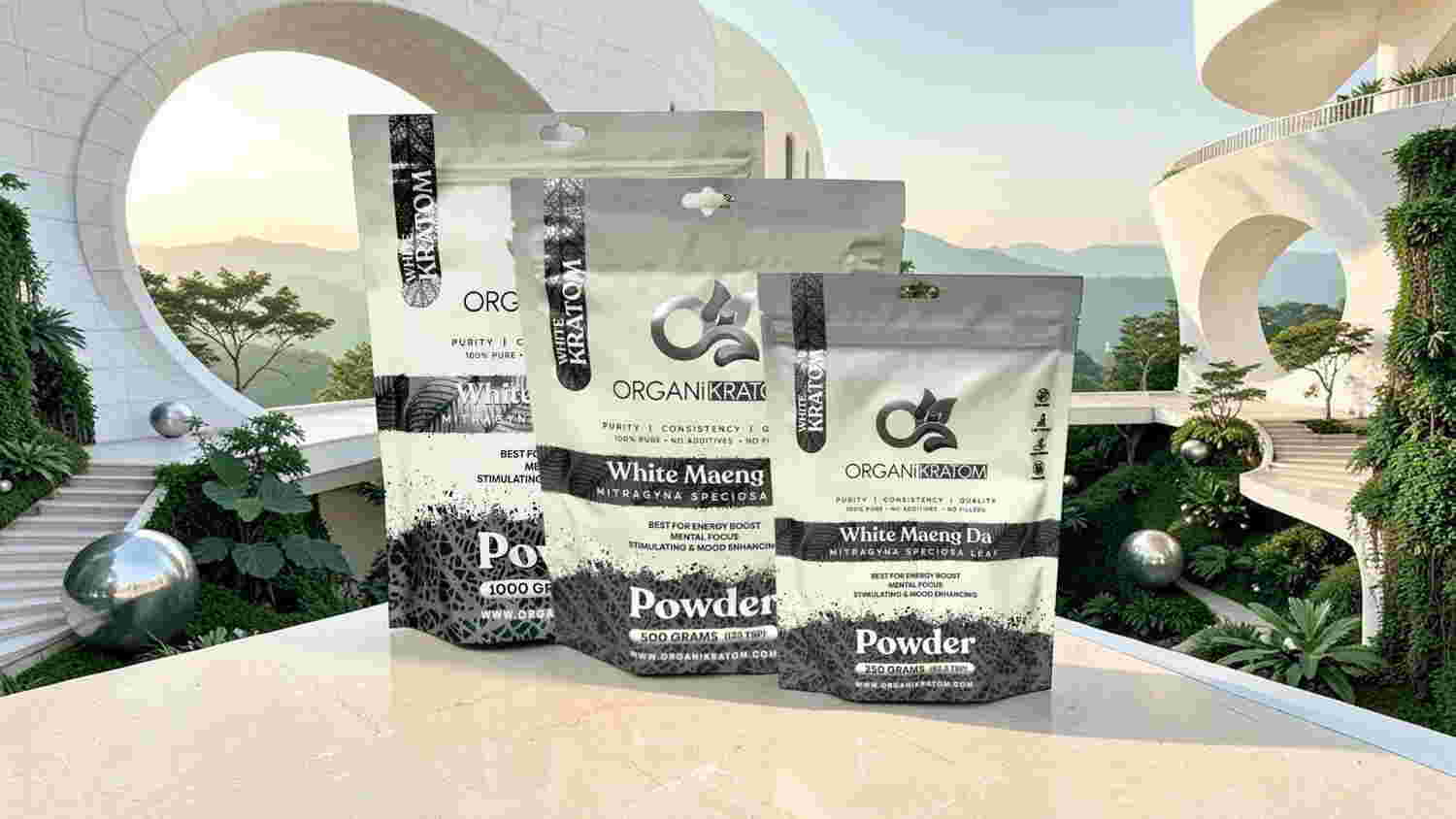 Product packaging displayed in a modern, futuristic outdoor setting.