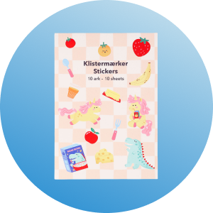 Sticker sheet featuring colorful designs of fruits and cartoon characters.