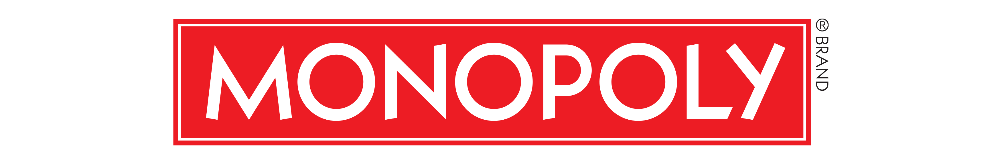 Logo of the Monopoly board game. Red background with white text.