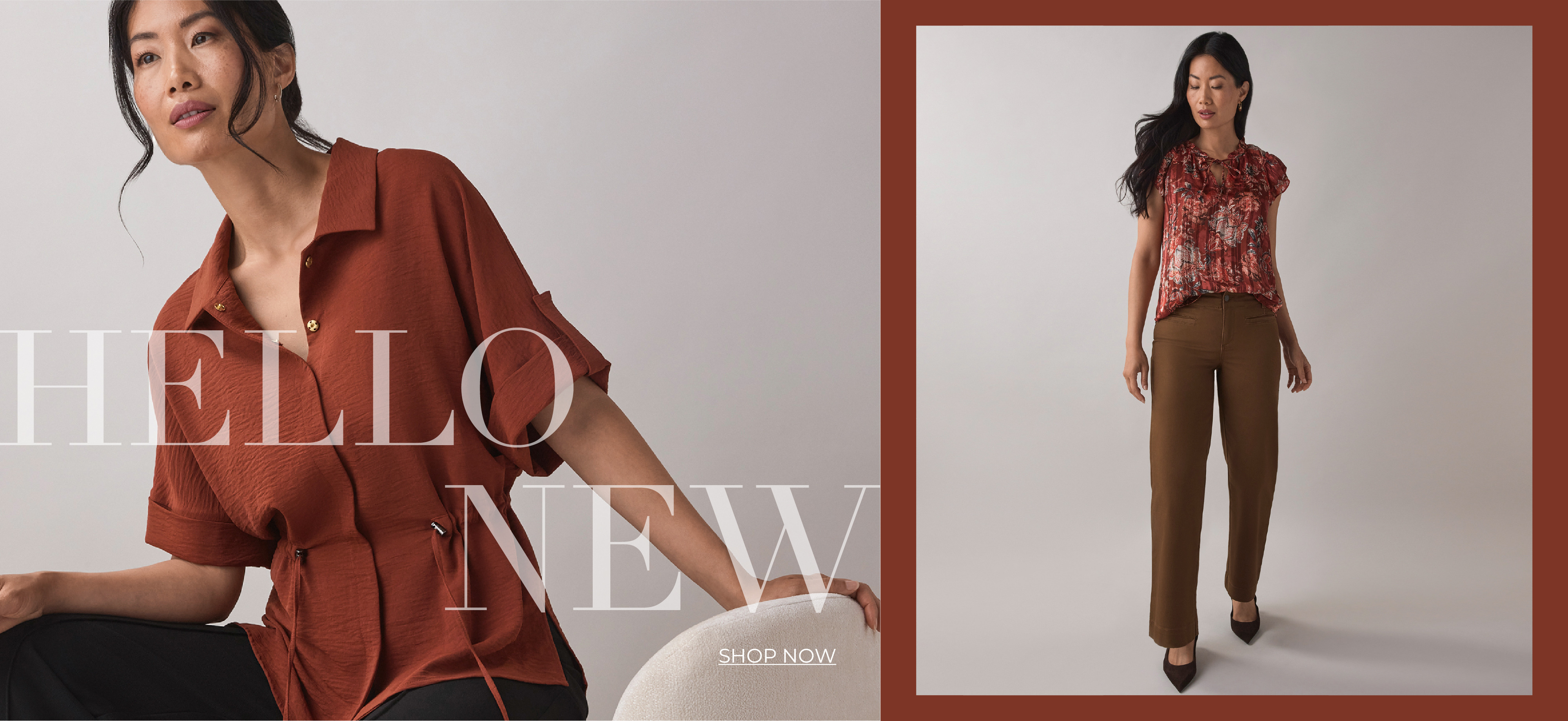 Two women modeling stylish outfits with text 