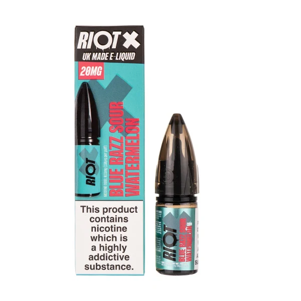 Riot X vape juice bottle with warning label and flavor information.