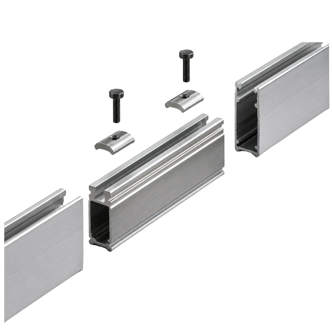 Metal components with screws for assembly or connection.