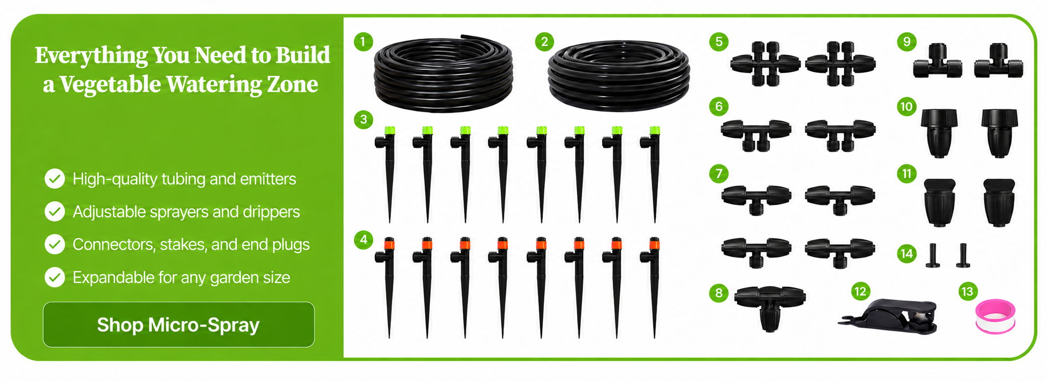 Components for building a vegetable watering system.