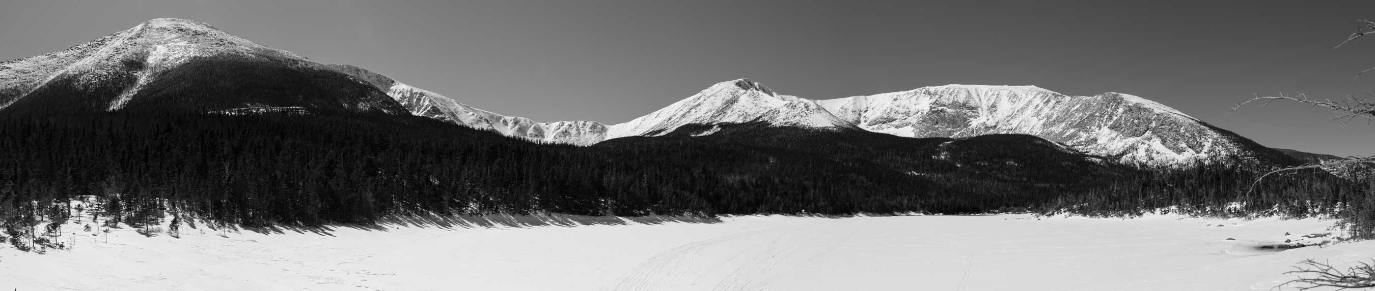 Black and white panoramic view of snow-covered mountains and forest.