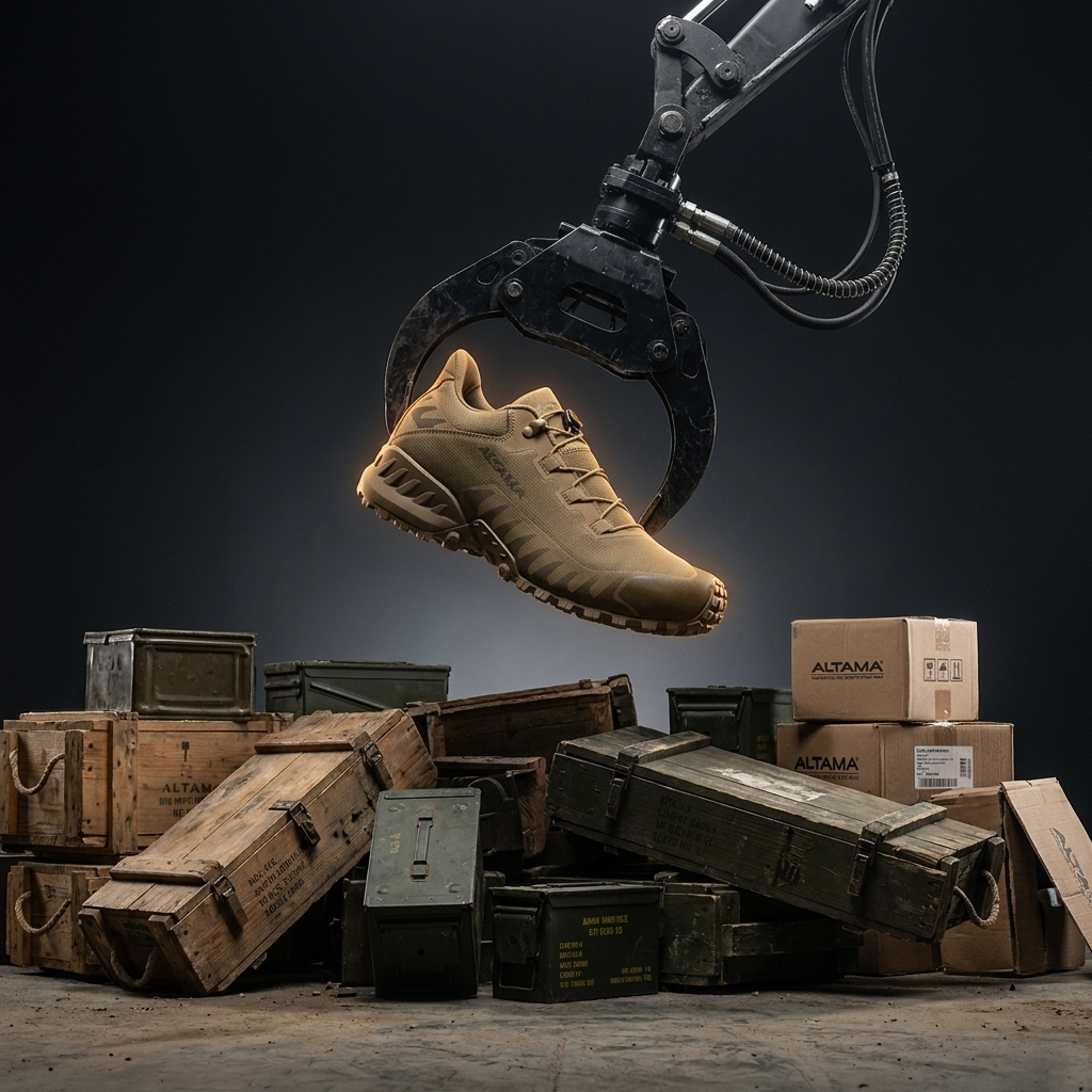 Boot held above supply crates