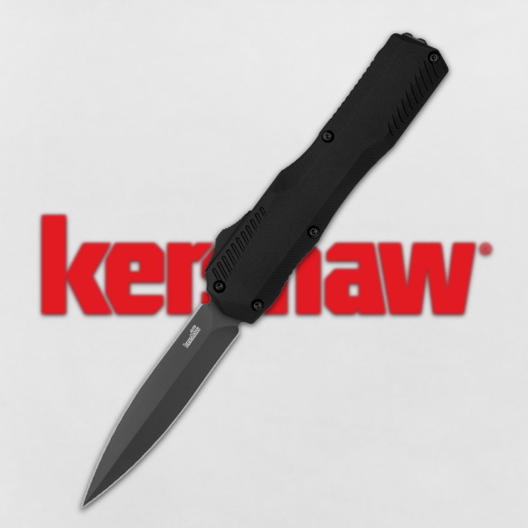 Black folding knife with Kershaw logo in red background.