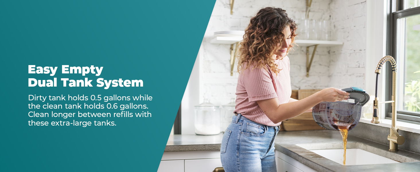 Woman pouring water from a tank into a sink in a kitchen setting.