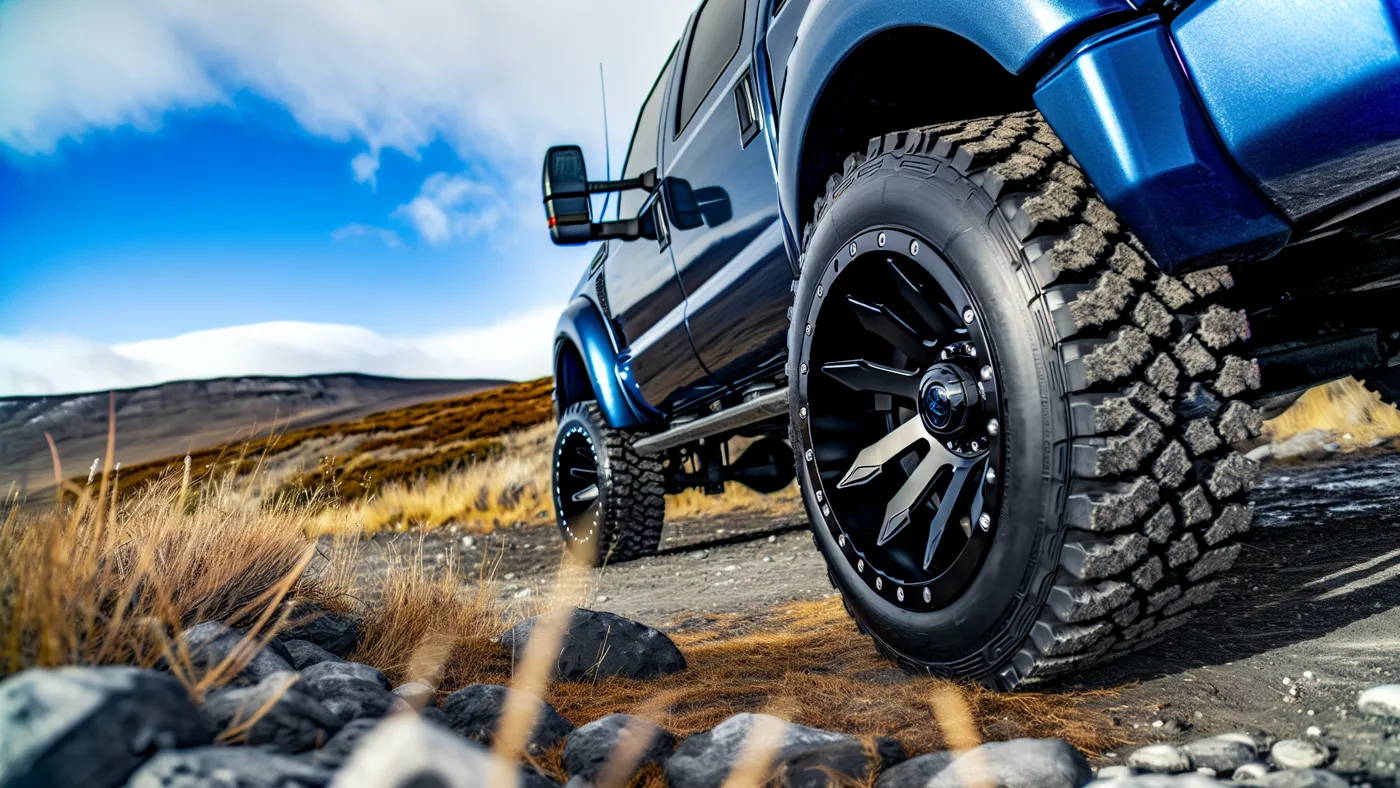 A truck with sleek black rims on a rugged road