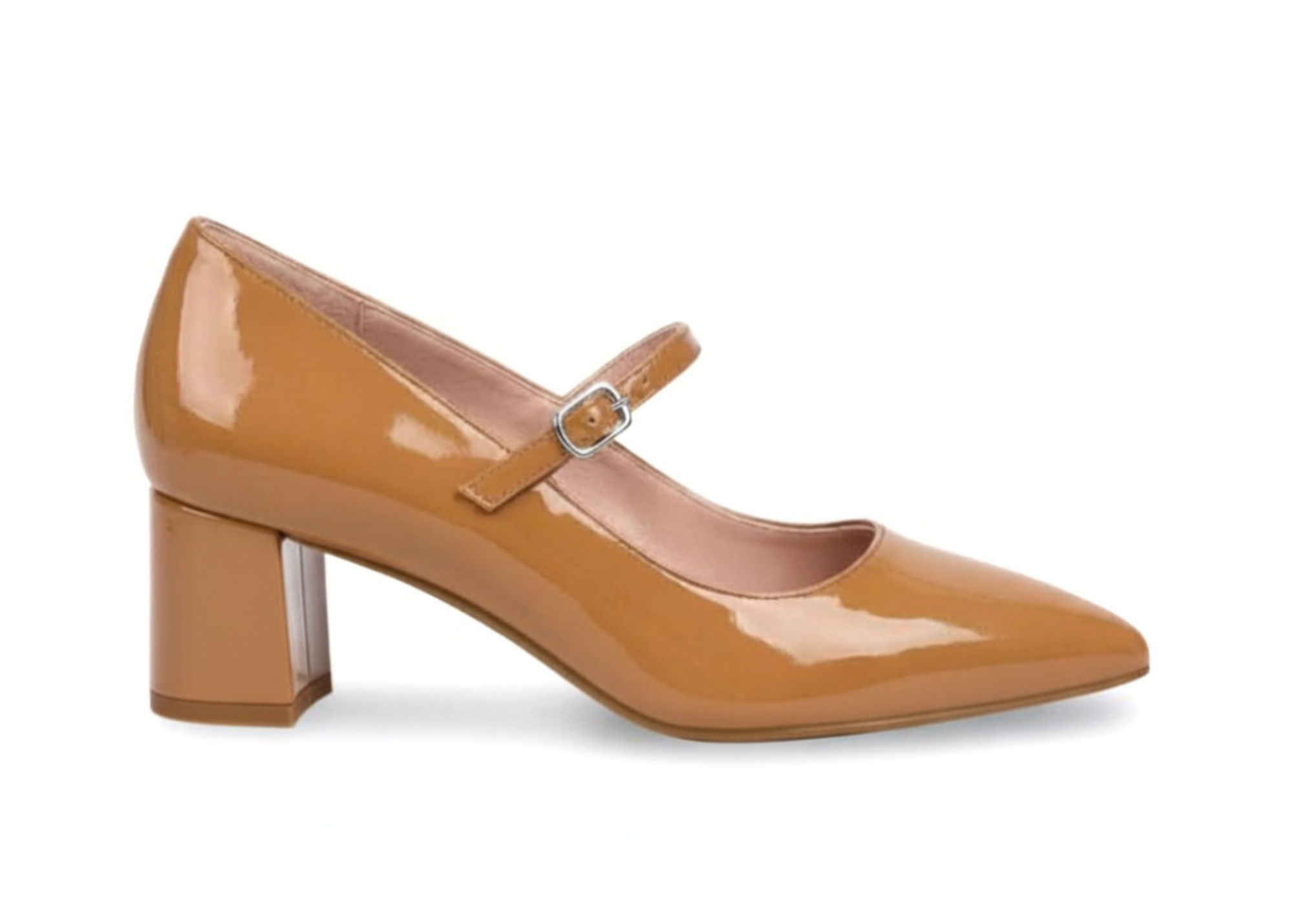Brown patent leather Mary Jane heels with a block heel.
