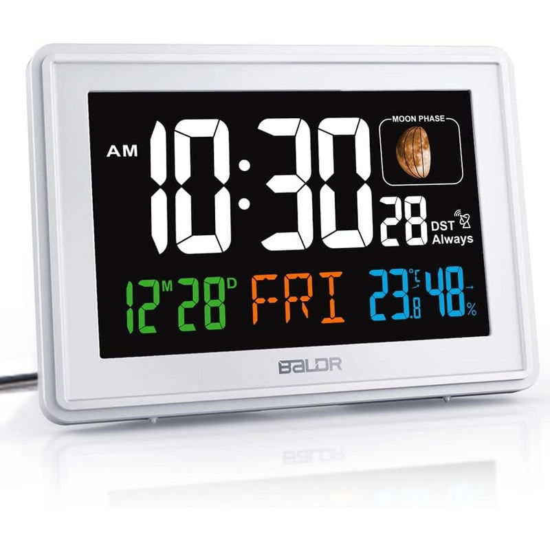 Digital clock displaying time, date, and temperature in a white frame.