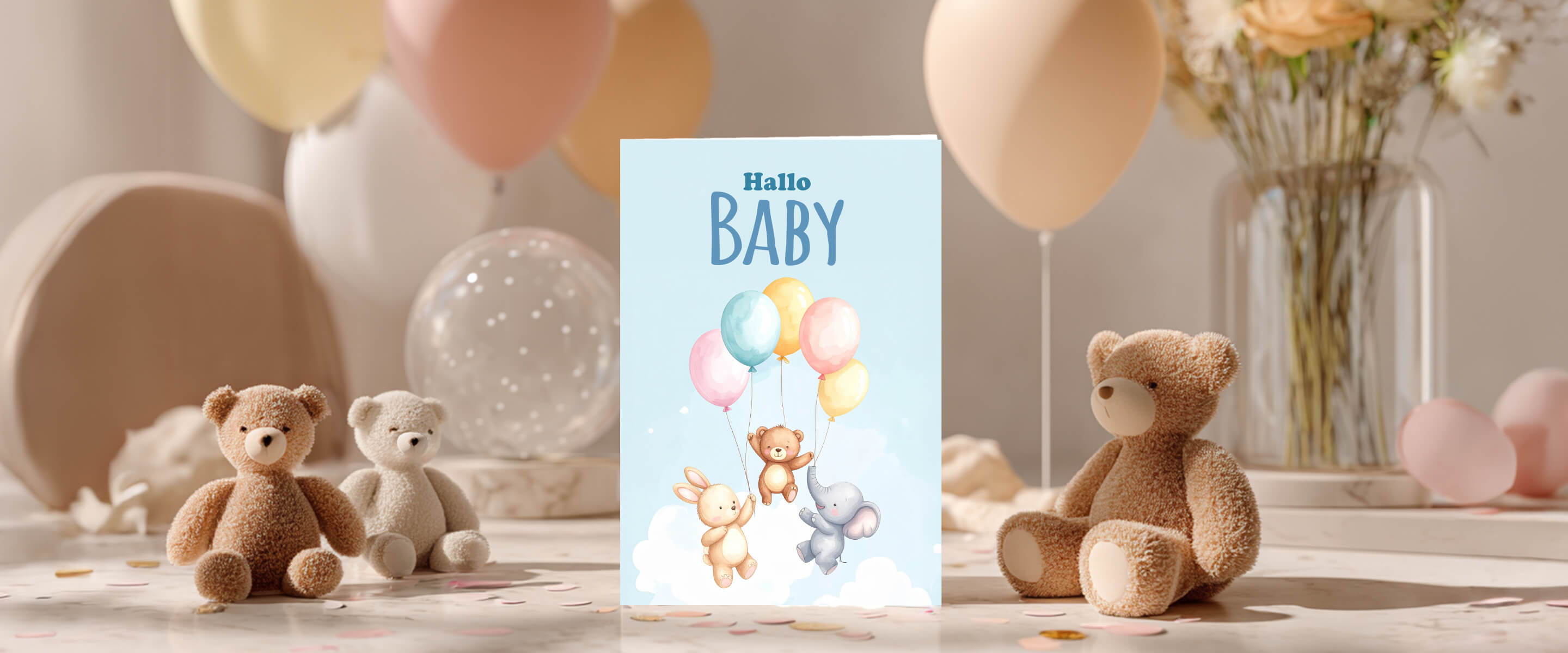 A baby card surrounded by teddy bears and pastel balloons.