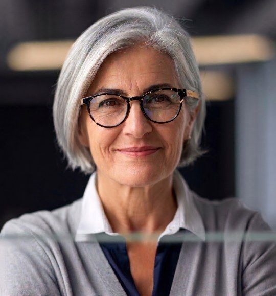 Woman with grey hair wearing Hope black oval glasses