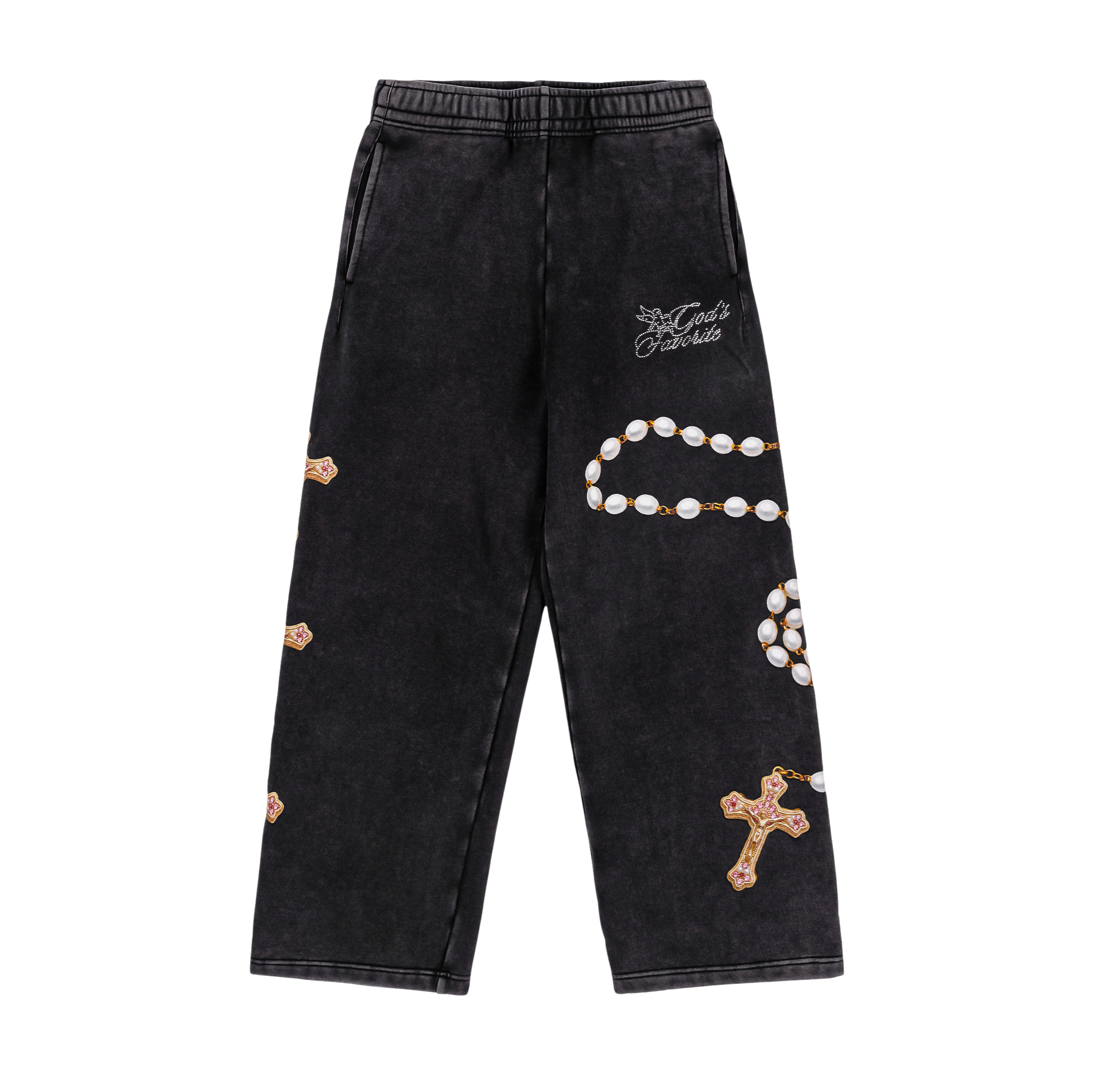 Black pants with decorative crosses and beads design.