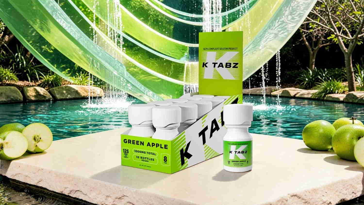 Bottles of green apple-flavored supplement near a pool surrounded by apples.