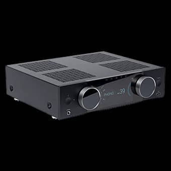 Black audio amplifier with two knobs and ventilation grilles on top.