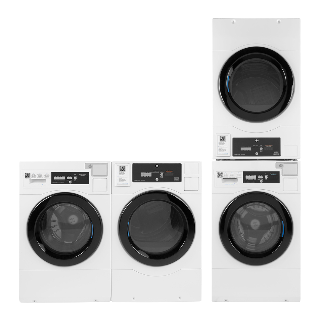 Image of front load commercial washers and dryers in stacked and side-by-side configurations