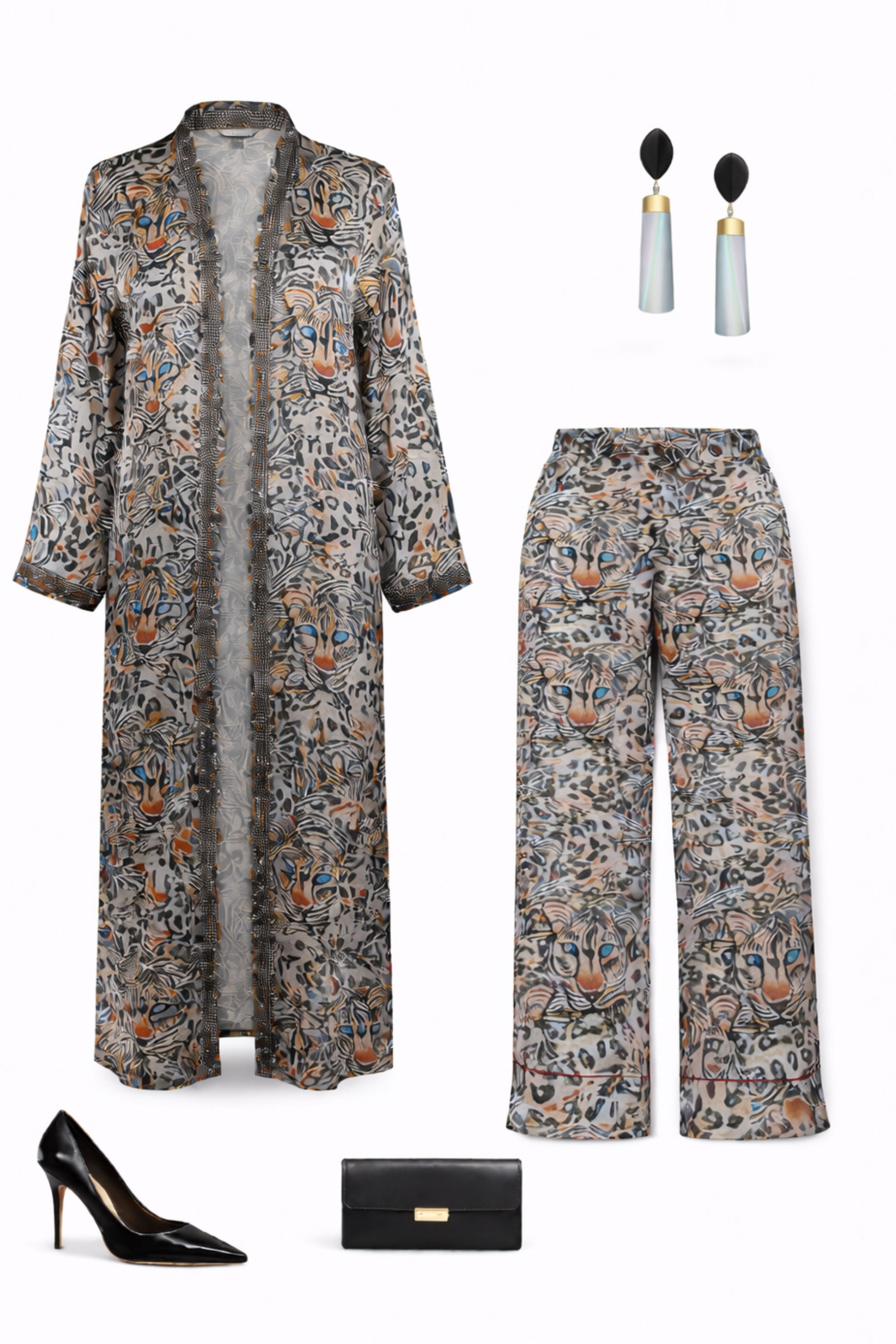 Outfit featuring a patterned kimono, wide-leg pants, heels, clutch, and earrings.