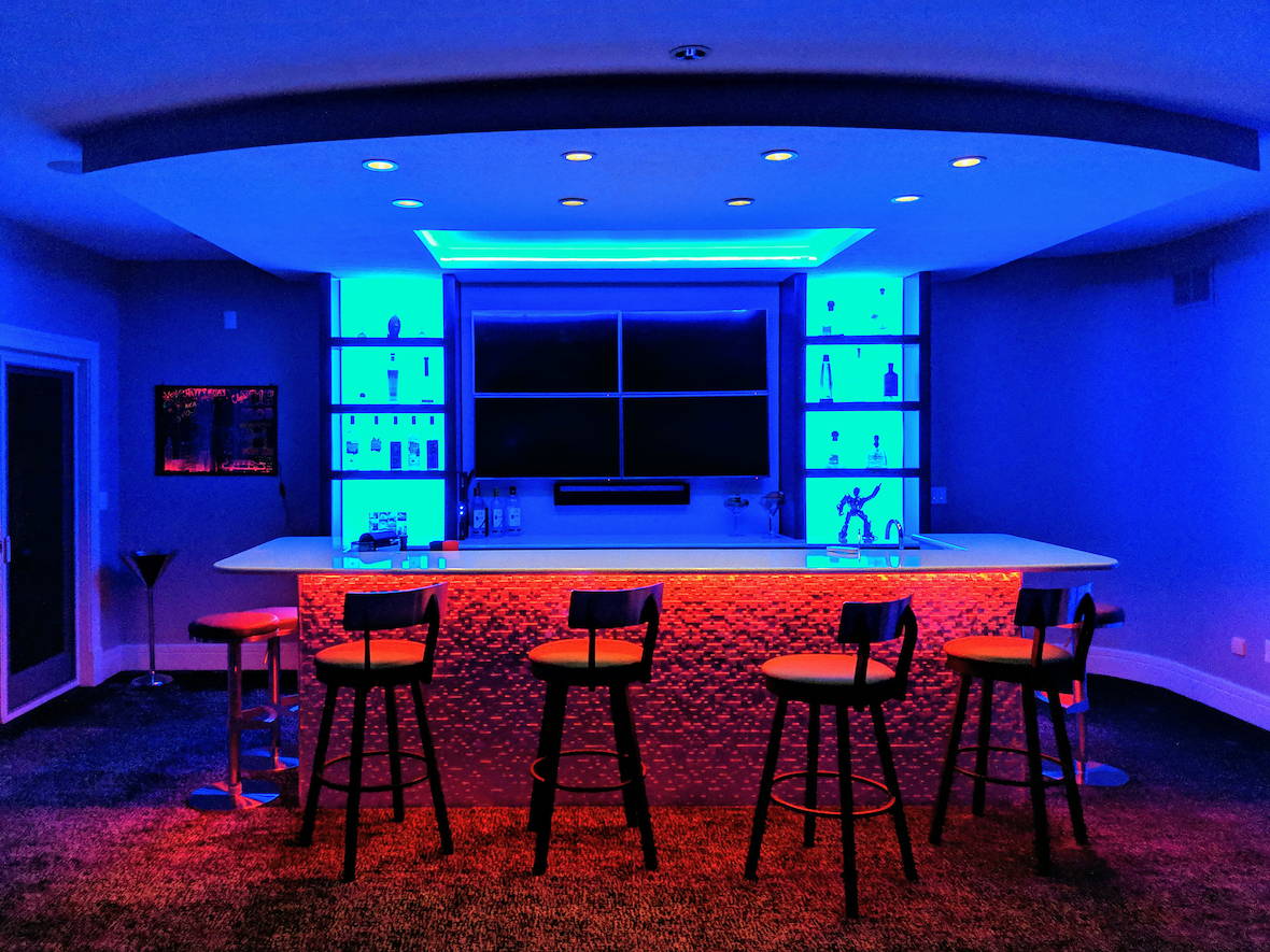 Basement bar lighting ideas with RG B LED strip lights