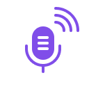 Purple microphone icon with sound waves in a circular design.