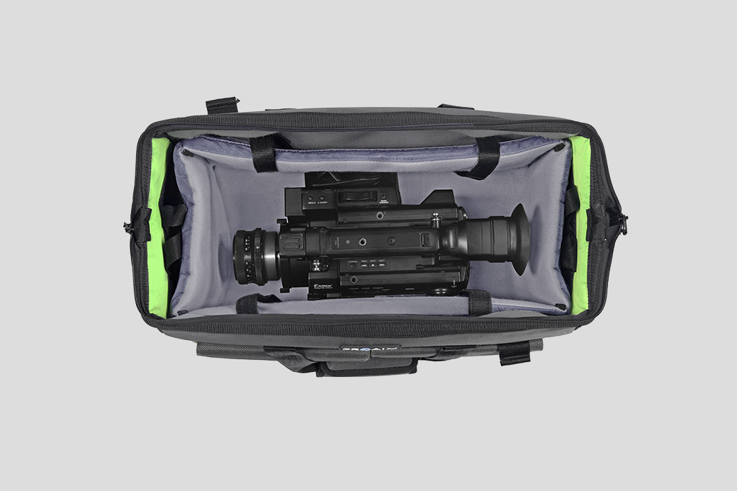 Camera bag with a camera inside, viewed from above.