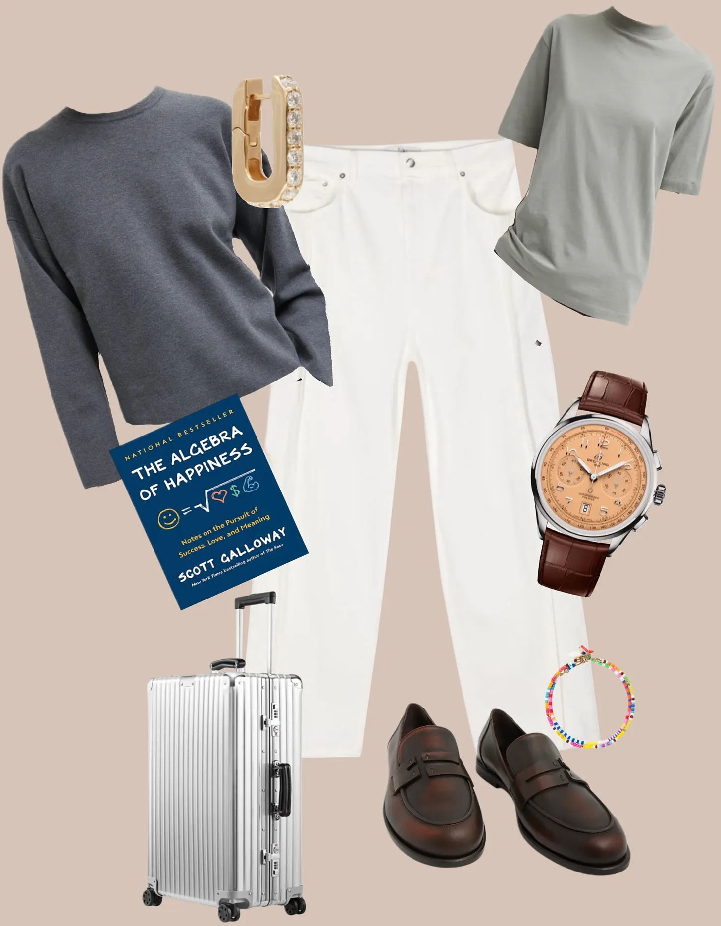 Clothing items, accessories, and a book arranged on a neutral background.