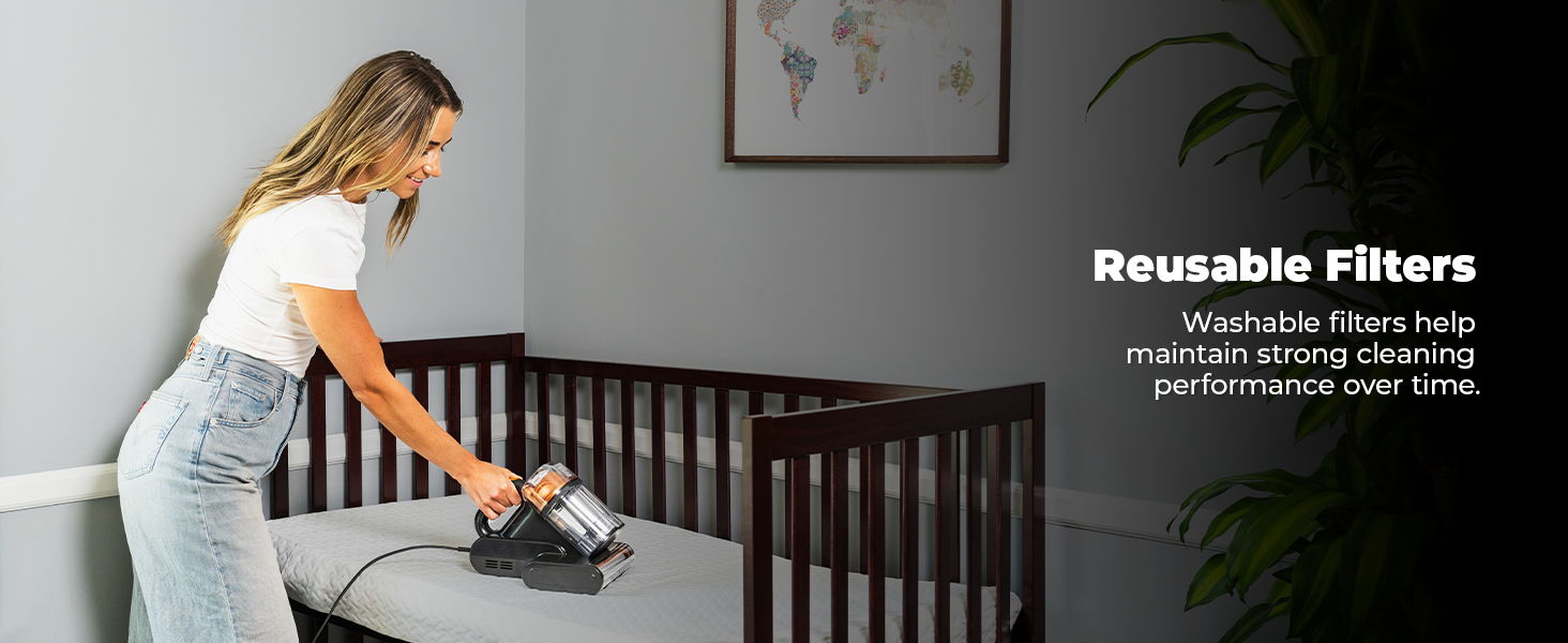 A woman cleans a crib mattress. Text about reusable filters.