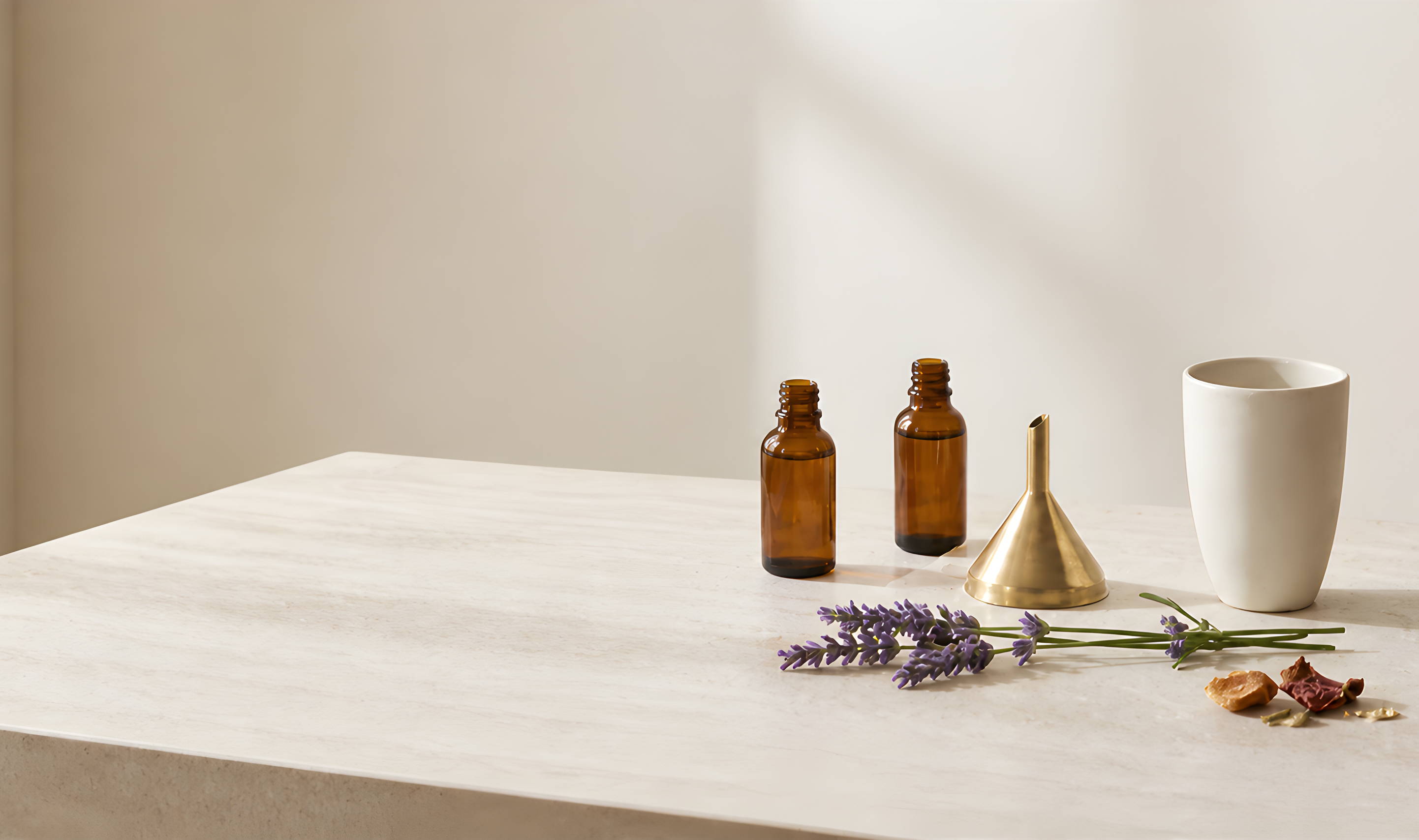 Bottles, a funnel, and lavender on a light wooden table.