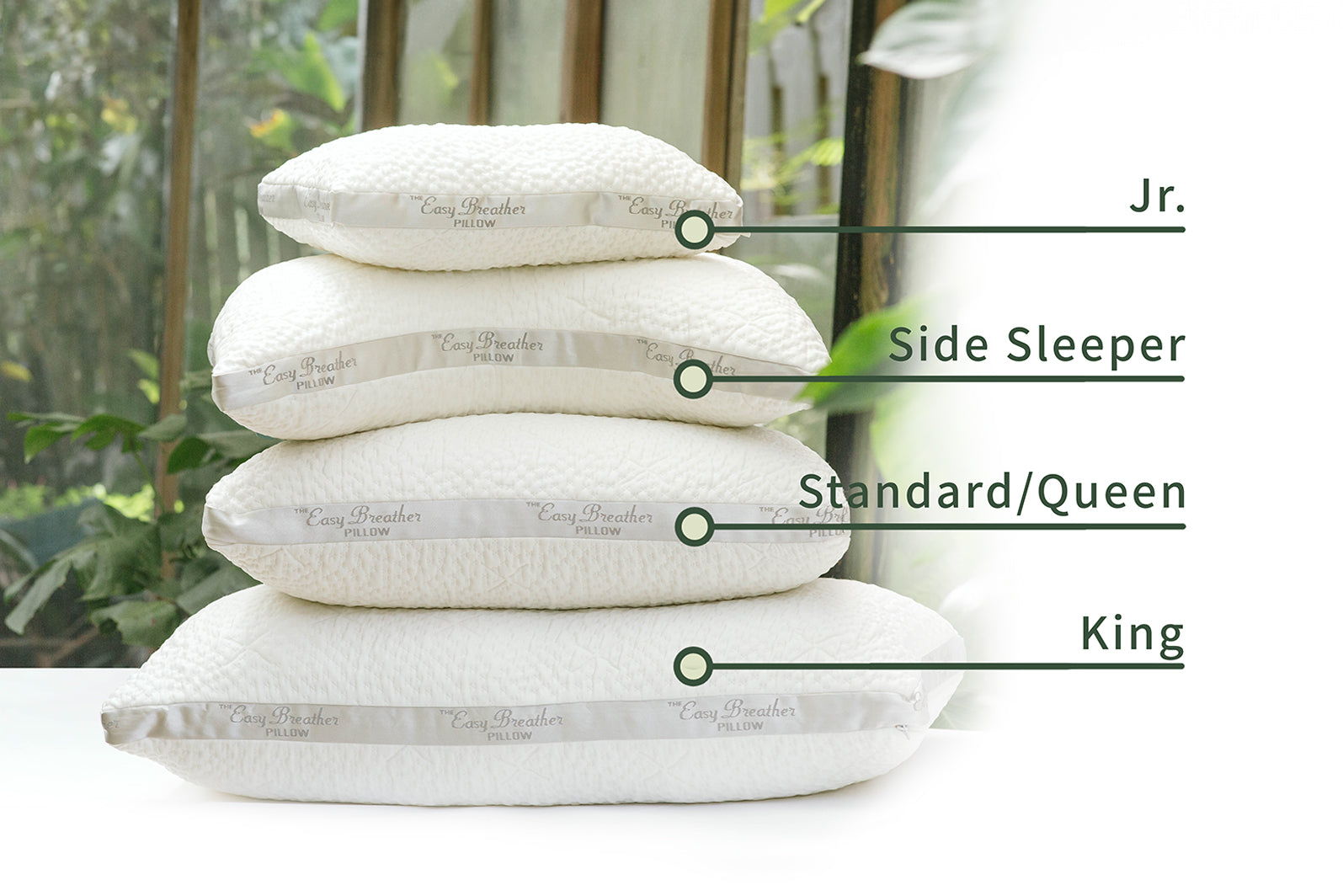 4 easy breather pillows stacked from king, standard/queen, side sleeper, to jr.