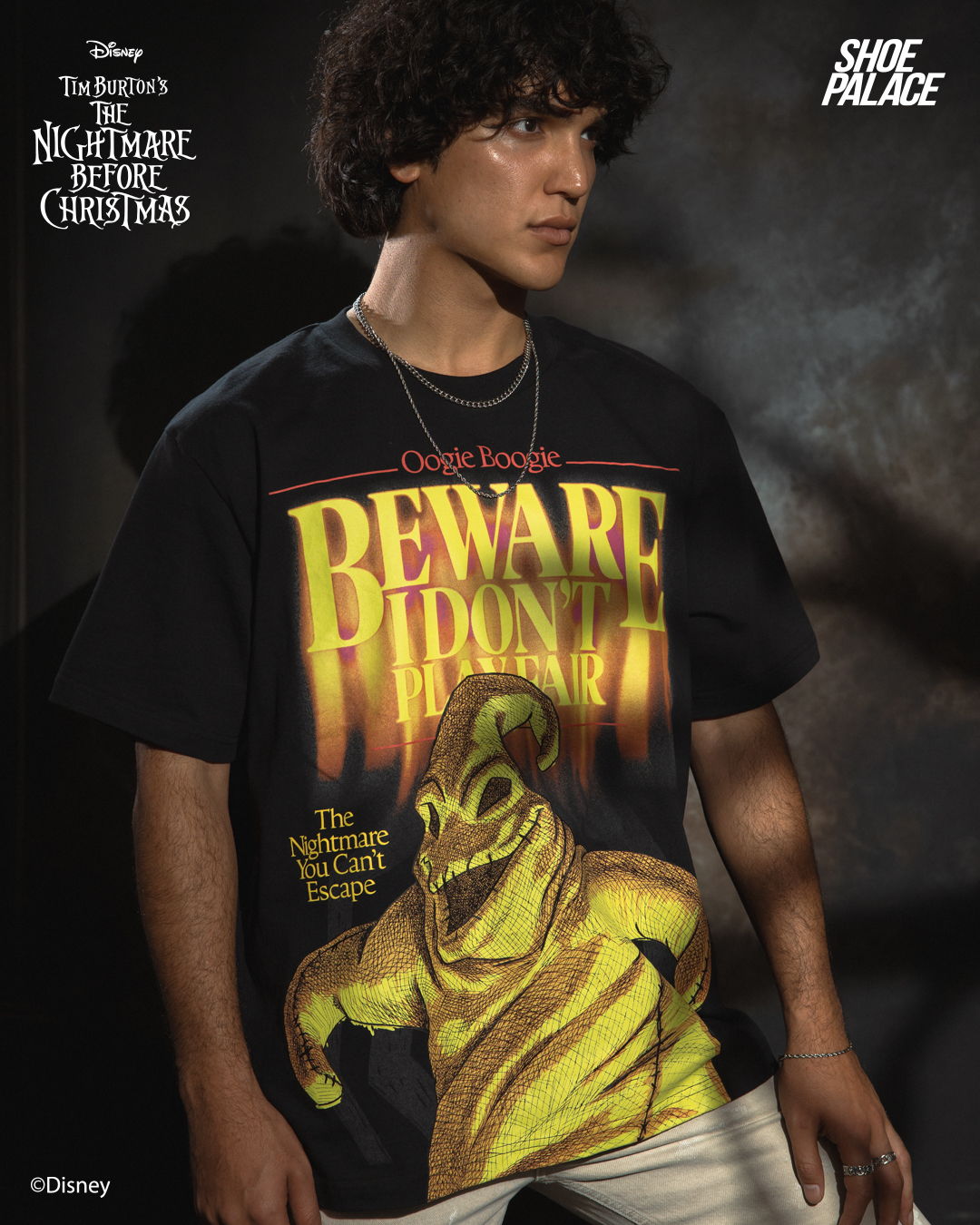 Person wearing a black t-shirt with 