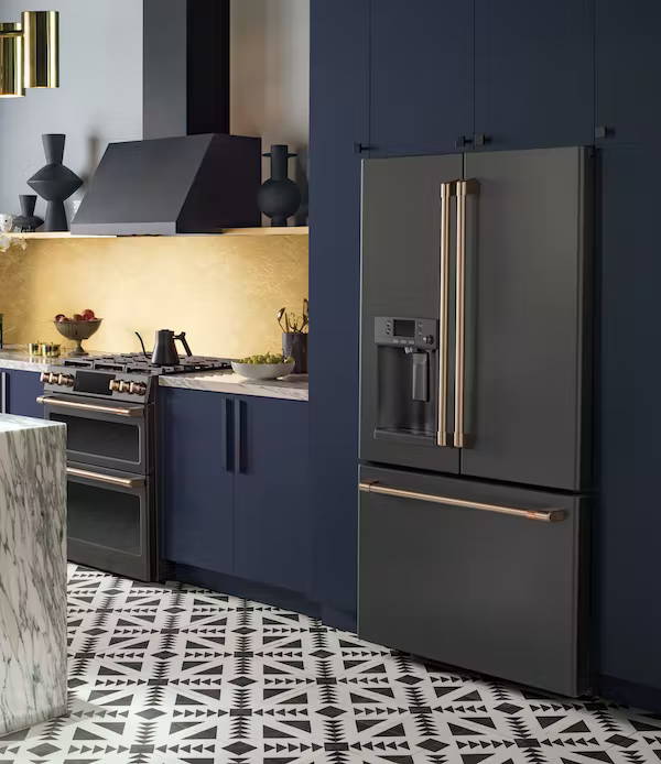 matte black range, hood, and french-door refrigerator in kitchen with navy cabinets