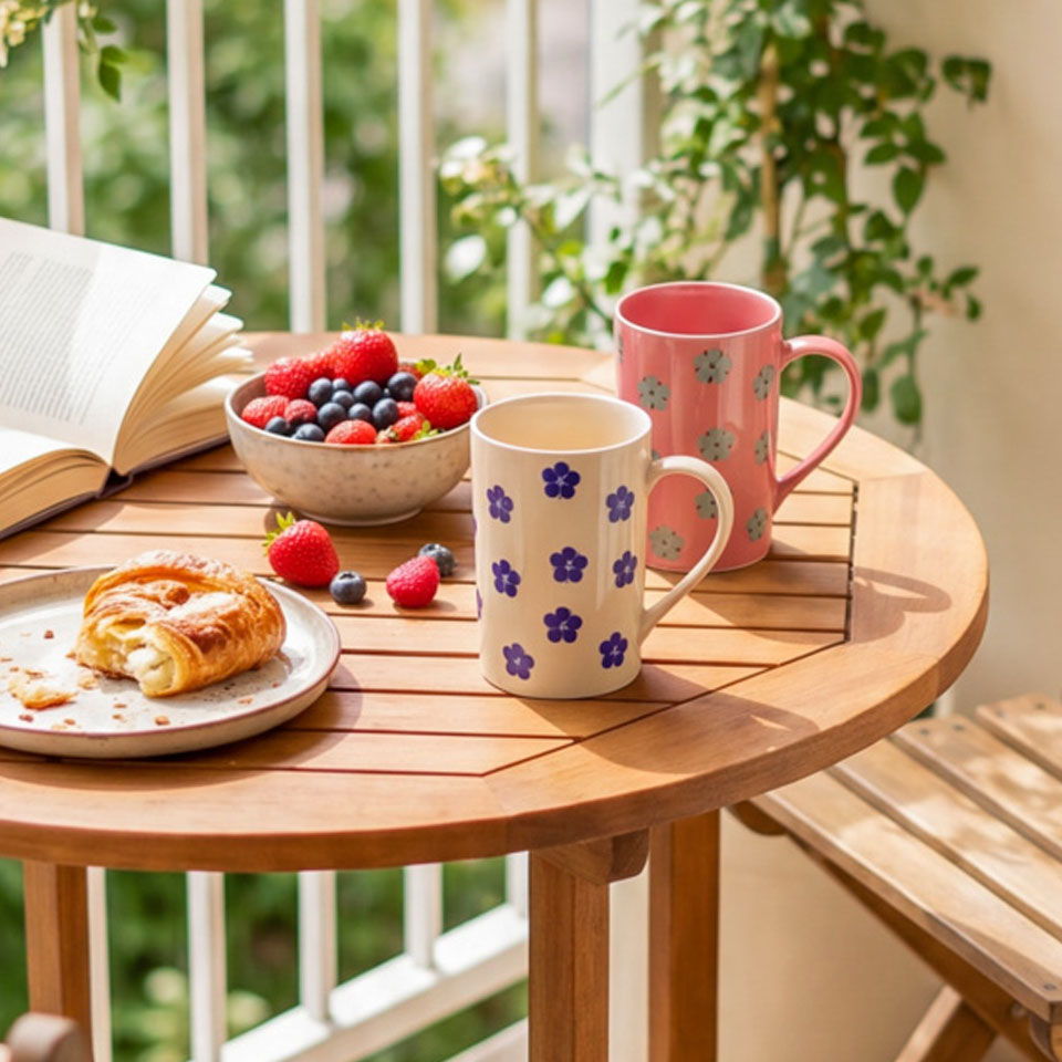 Two mugs, a plate of pastry, and a bowl of berries on a wooden table.