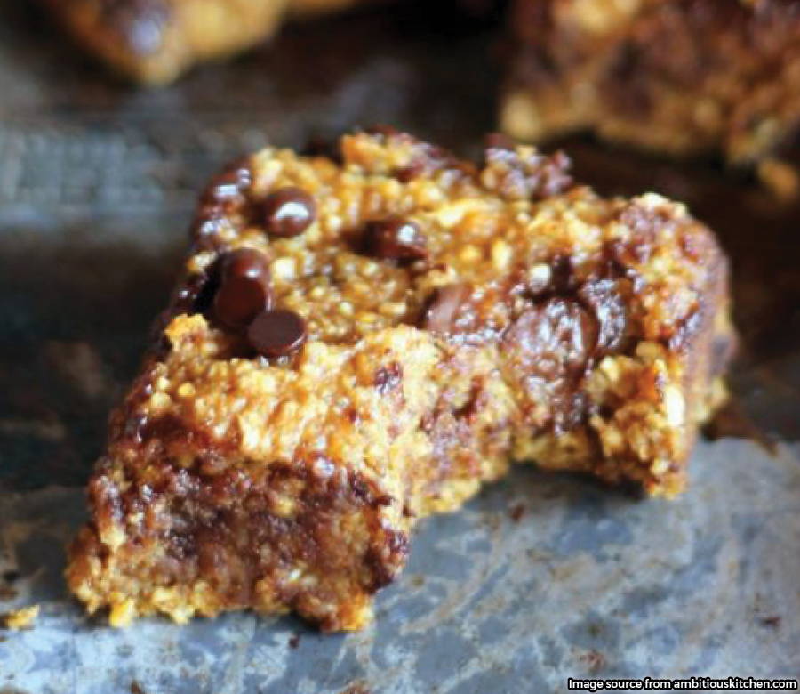 chocolate chip pumpkin square with bite