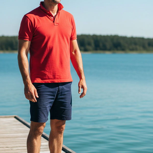 Man wearing a red polo shirt and navy shorts, while standing on a lakeside sock, for a patriotic, casual outfit