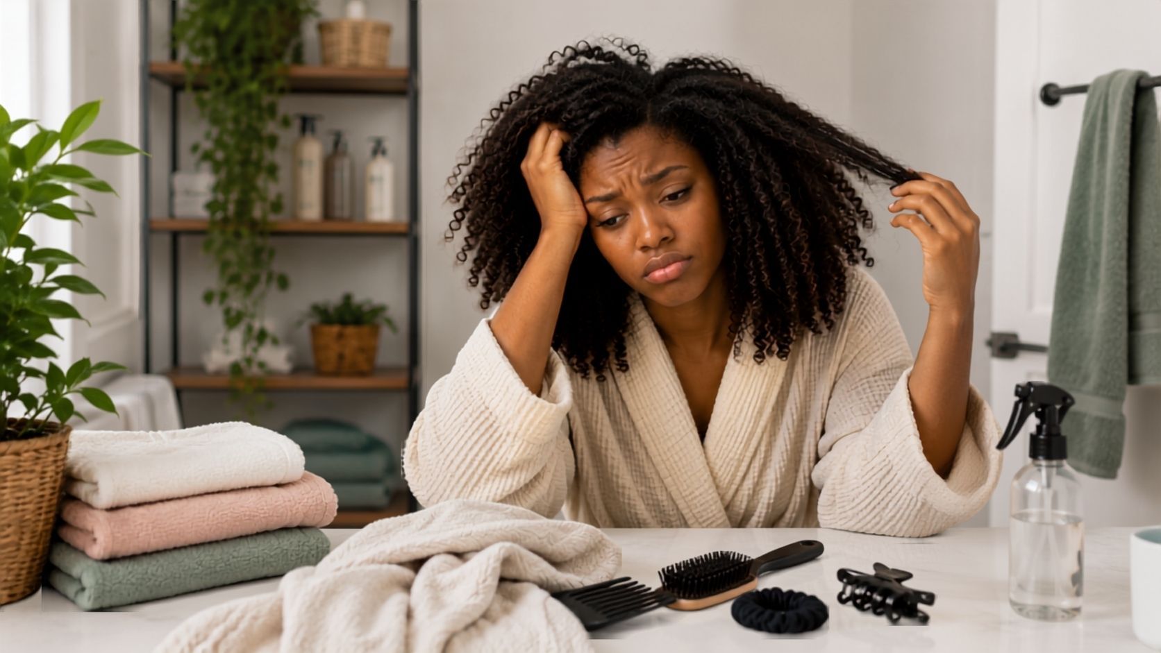 A woman in a bathrobe looks frustrated while styling her hair.