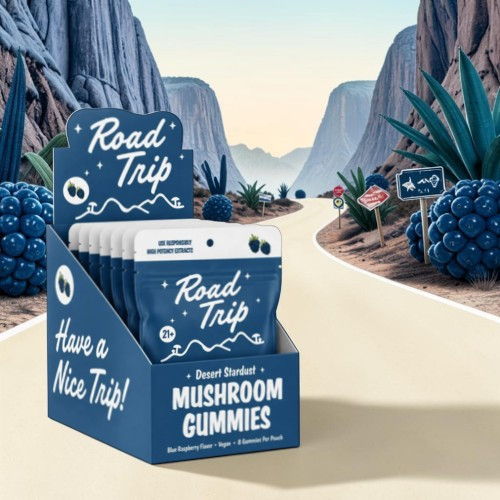 Display of mushroom gummies in a scenic road trip setting.