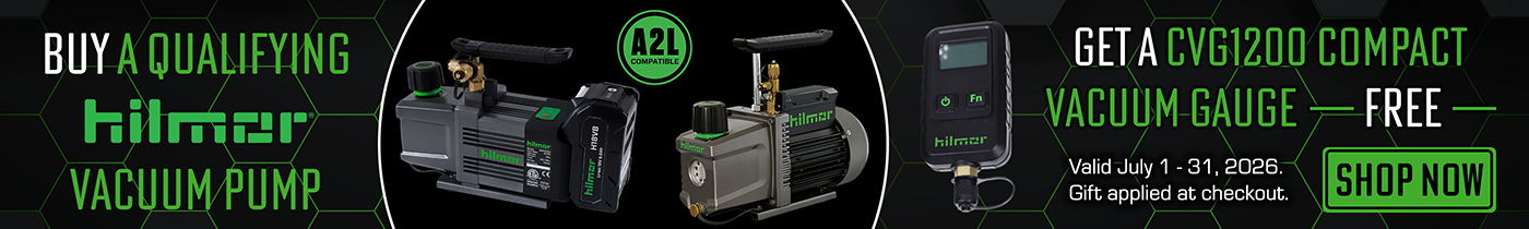 Promotional banner for hilmor vacuum pumps with free vacuum gauge offer.