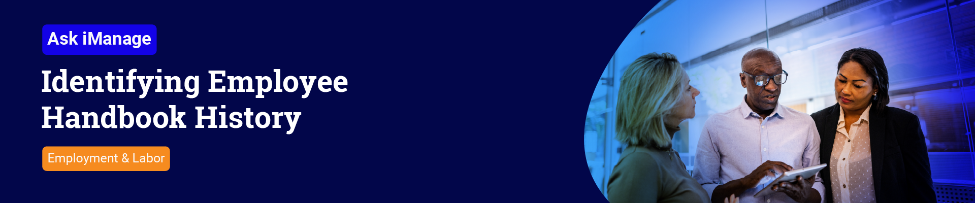 Three people discussing an employee handbook against a blue background.
