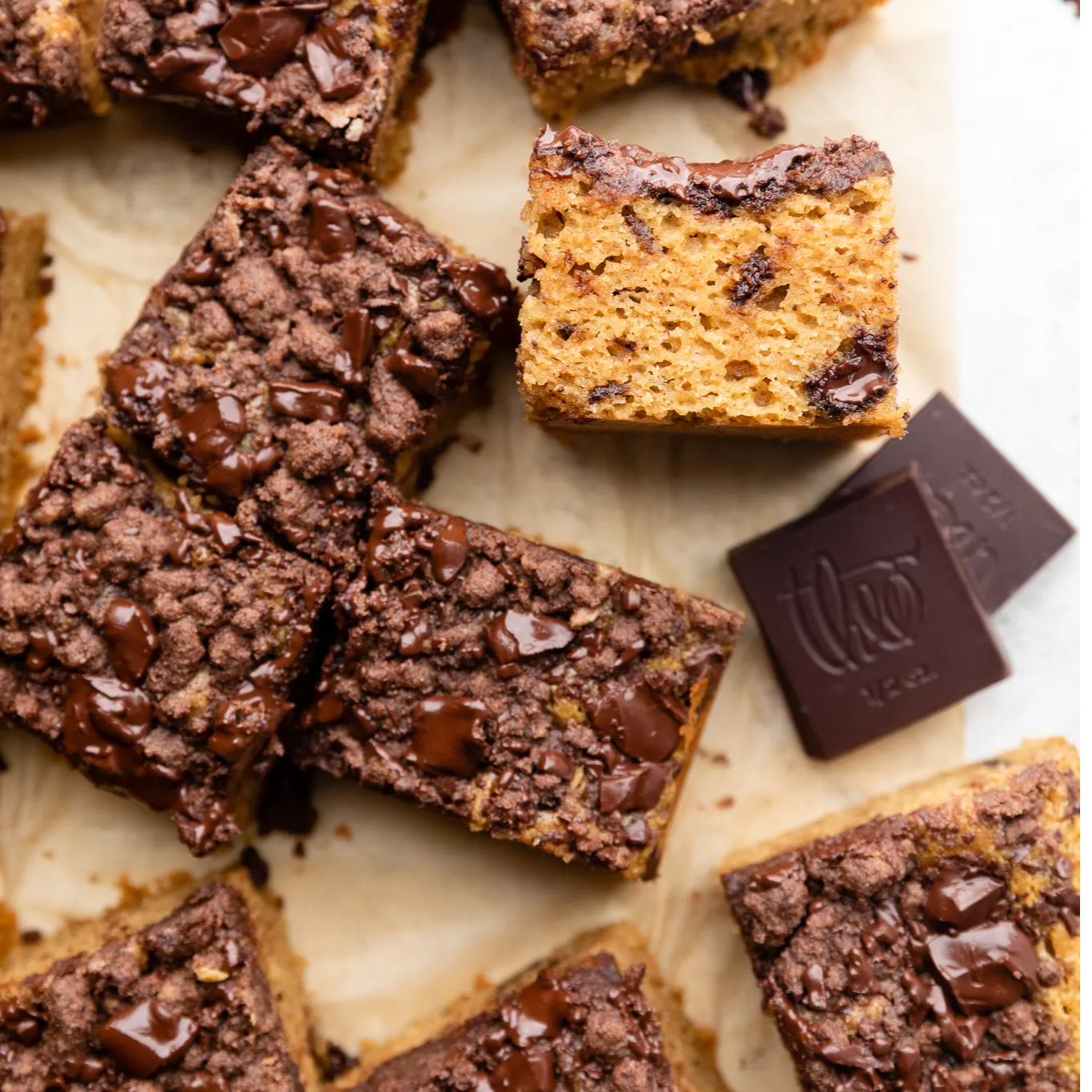 Pieces of gluten free chocolate coffee cake on parchment paper with Theo Chocolate squares