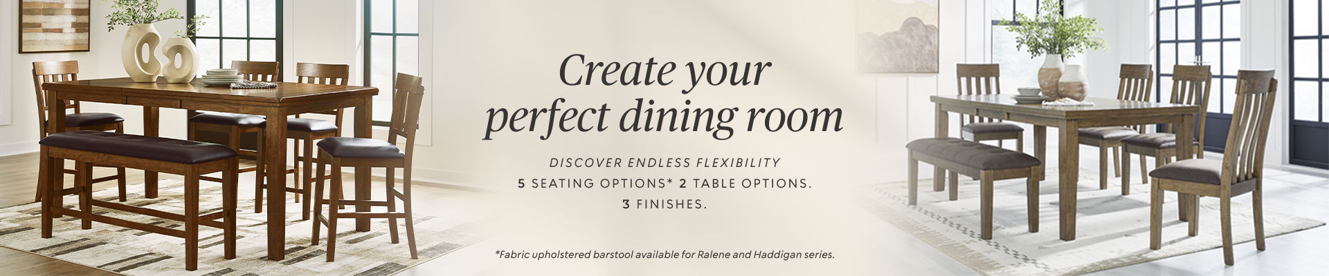 Two dining room setups with text: 