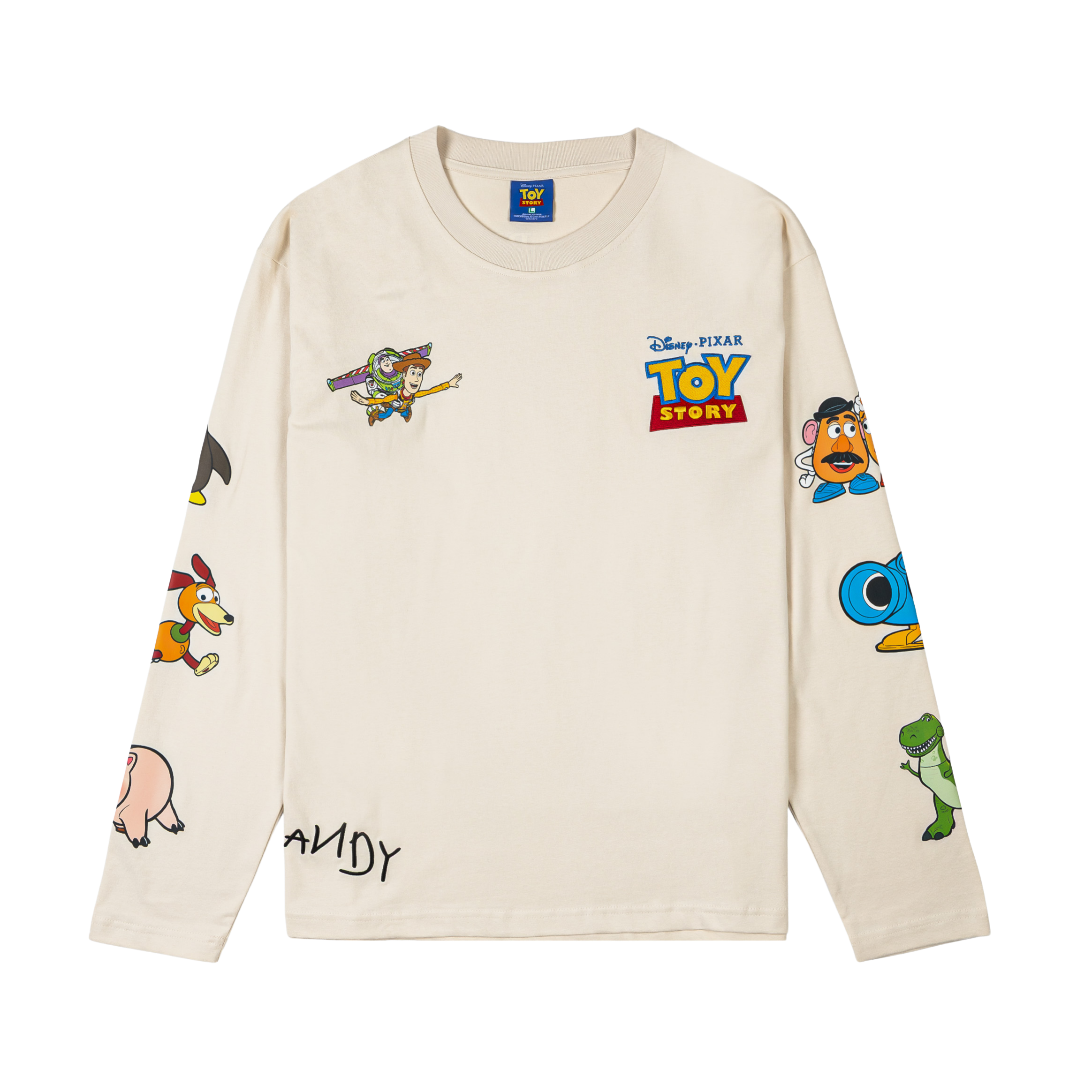 Light cream long-sleeve shirt featuring Toy Story characters on sleeves and chest.