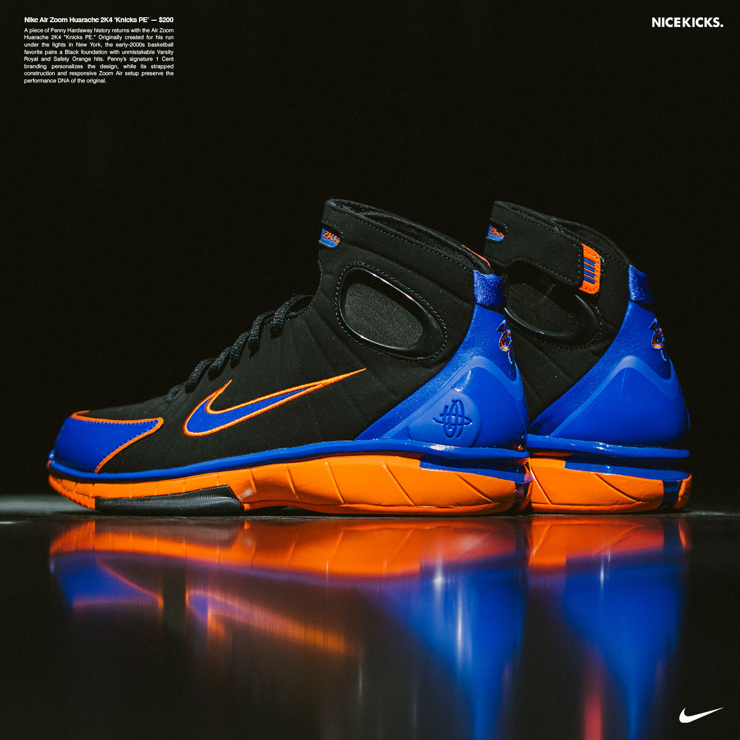 Nike sneakers in black, blue, and orange against a dark background.