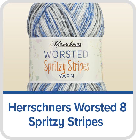 Herrschners Worsted 8 Spritzy Stripes yarn in blue and white.