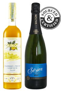 Two bottles of beverage, one yellow liqueur and one sparkling wine.